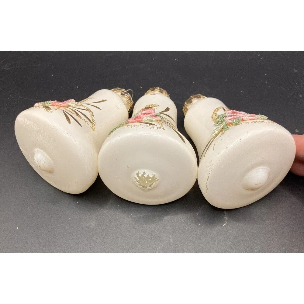 Vintage Set of 3 Glass Bell Christmas Ornaments West Germany 3” Floral